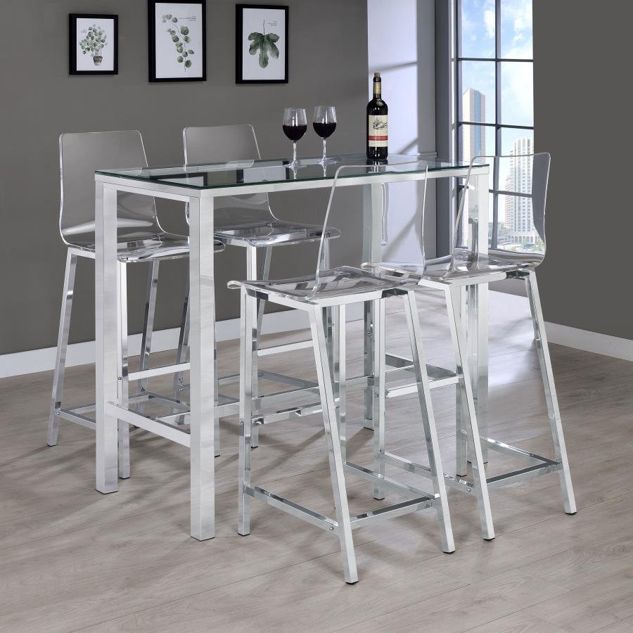 104873-S5_01x900.jpg TOLBERT 5-PIECE BAR SET WITH ACRYLIC CHAIRS CLEAR AND CHROME - Image 1