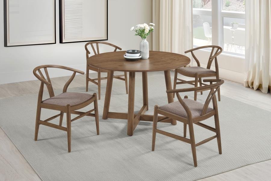 108471-S5_01x900.jpg DINAH 5-PIECE ROUND SOLID WOOD DINING SET WALNUT - Image 1