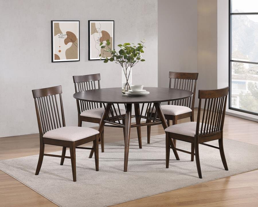 108891-S5_01x900.jpg EVERTON 5-PIECE ROUND 53-INCH DINING TABLE SET DARK WALNUT - Image 1