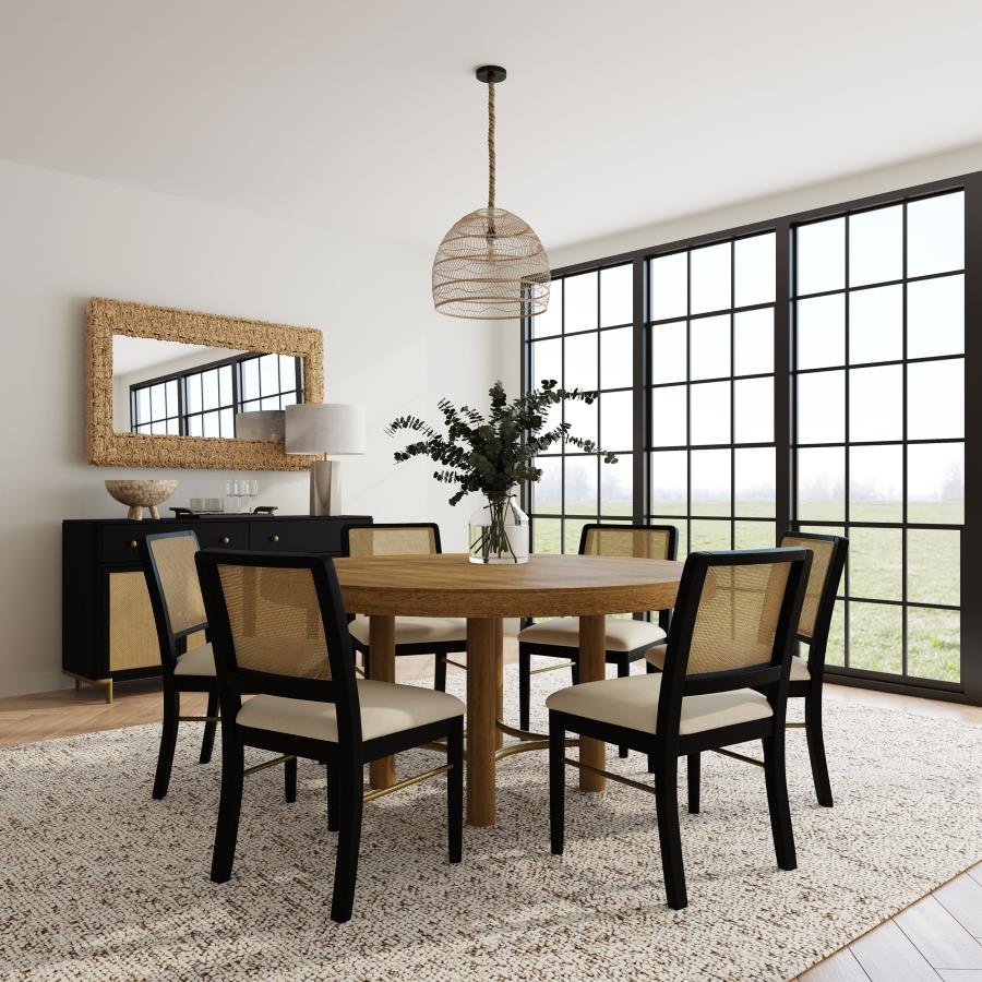 108930-S7B_01x900.jpg ARINI 7-PIECE ROUND DINING TABLE SET SAND WASH AND BLACK - Image 1