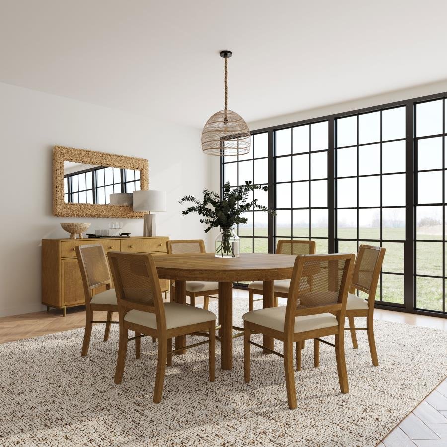 108930-S7W_01x900.jpg ARINI 7-PIECE ROUND DINING ROOM TABLE SET SAND WASH - Image 1