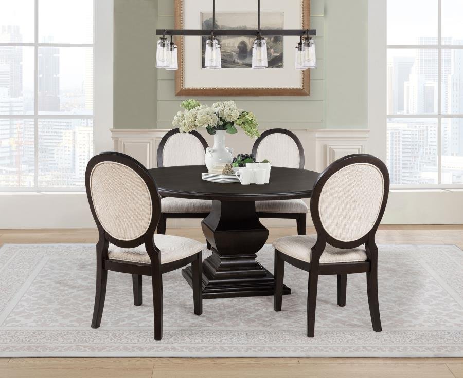 109230-S5_01x900.jpg TWYLA 5-PIECE ROUND WOOD DINING ROOM TABLE SET DARK COCOA - Image 1
