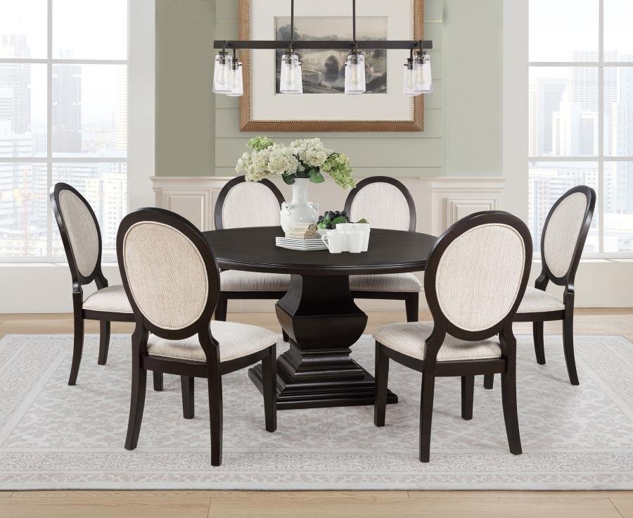 109230-S7_01x900.jpg TWYLA 7-PIECE ROUND WOOD DINING ROOM TABLE SET DARK COCOA - Image 1