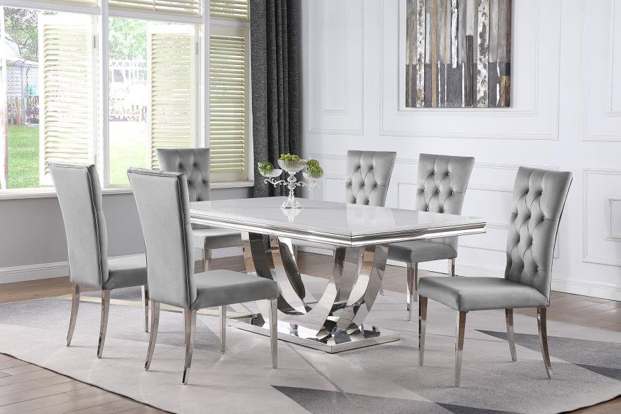 111101-S7G_01x900.jpg KERWIN 7-PIECE RECTANGULAR DINING TABLE SET GREY AND CHROME - Image 1