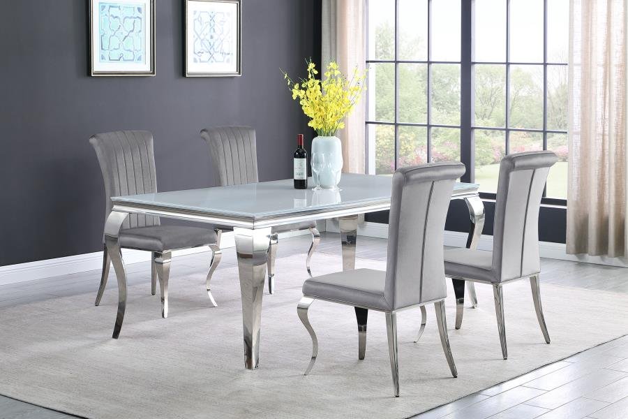 115081-S5G_01x900.jpg CARONE 5-PIECE 81-INCH RECTANGULAR WHITE GLASS DINING SET GREY - Image 1