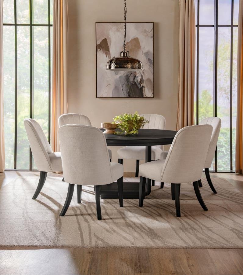 115390-S7_01x900.jpg LEANDRO 7-PIECE ROUND DINING TABLE SET BURNISHED BLACK - Image 1