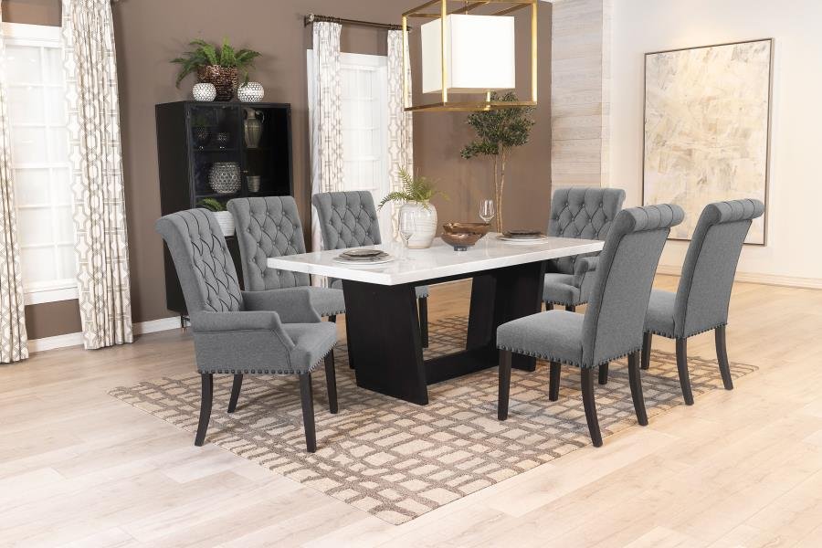 115511-S7G_01x900.jpg SHERRY 7-PIECE RECTANGULAR MARBLE TOP DINING TABLE SET GREY - Image 1