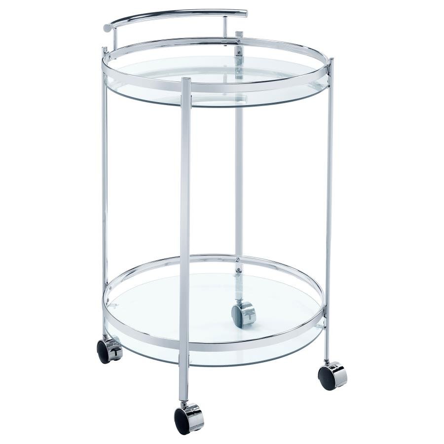 181367_02x900.jpg CHRISSY ROUND GLASS SHELF METAL BAR CART CHROME - Image 1