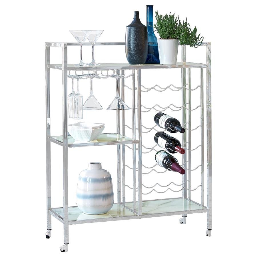 181370_02x900.jpg DERION 3-TIER RECTANGULAR GLASS SHELF METAL BAR CART CHROME - Image 1