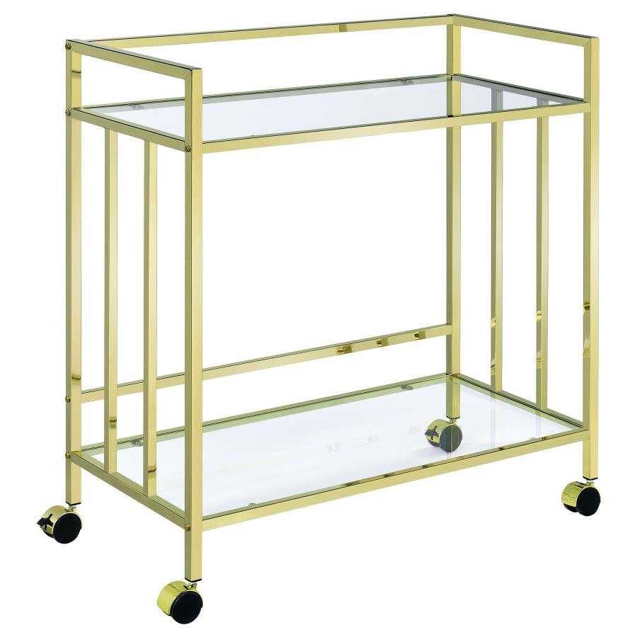 181381_02x900.jpg CARA 2-TIER RECTANGULAR GLASS SHELF METAL BAR CART BRASS - Image 1