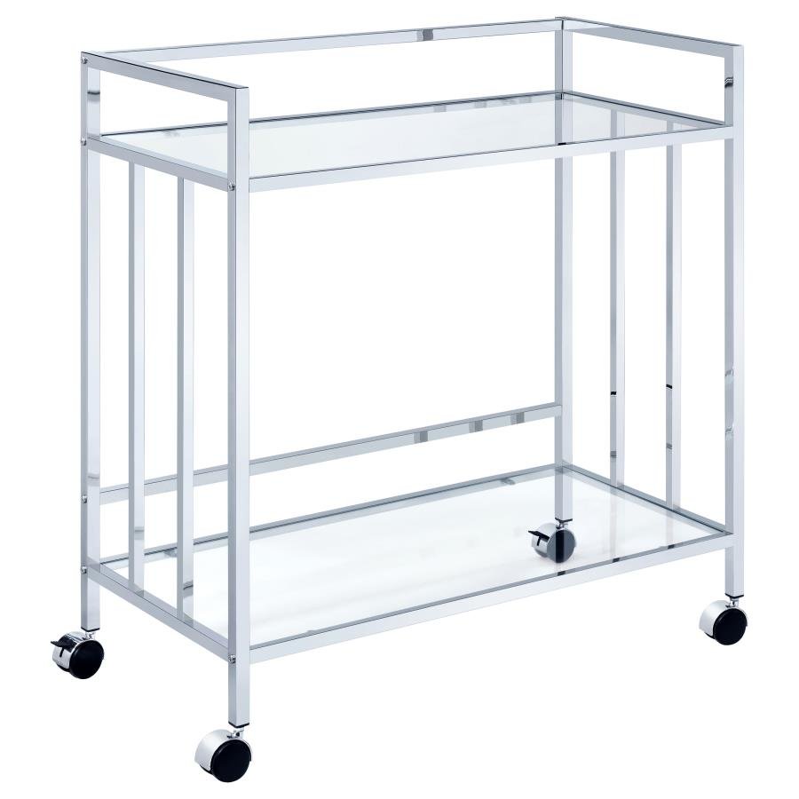 181382_02x900.jpg CARA 2-TIER RECTANGULAR GLASS SHELF METAL BAR CART CHROME - Image 1