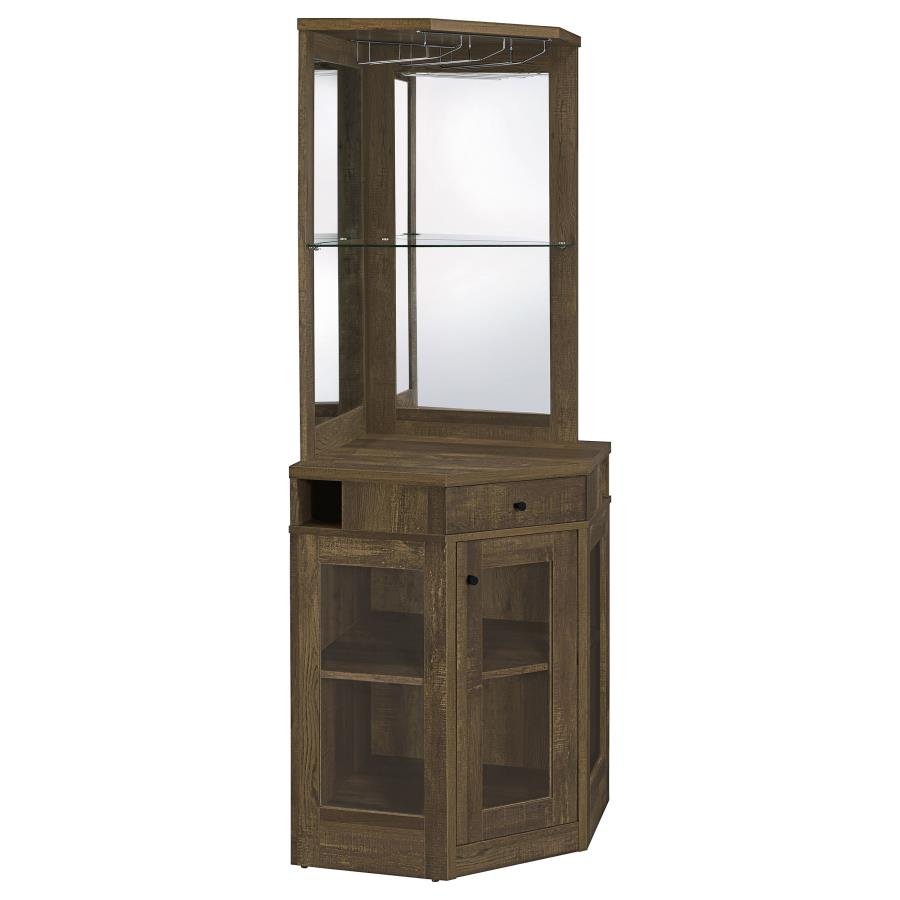 182303_02x900.jpg ALVISO 1-DRAWER CORNER HOME BAR WINE CABINET RUSTIC OAK - Image 1