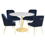KELLA 5-PIECE ROUND MARBLE TOP DINING SET WHITE AND GOLD - Image 2