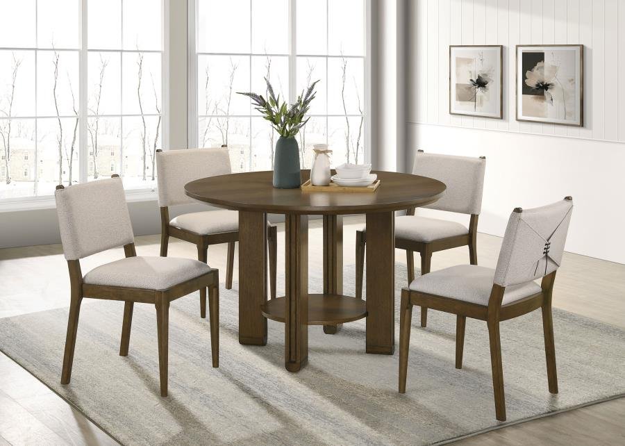 193660-S5_01x900.jpg OTTOWA 5-PIECE ROUND WOOD DINING ROOM TABLE SET BROWN - Image 1