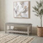 FRANCO FABRIC UPHOLSTERED BENCH WITH SHELF DISTRESSED WHITE - Image 2