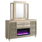 LORIENT 8-DRAWER LED FLAME BOX DRESSER AND MIRROR IVORY CAMEL