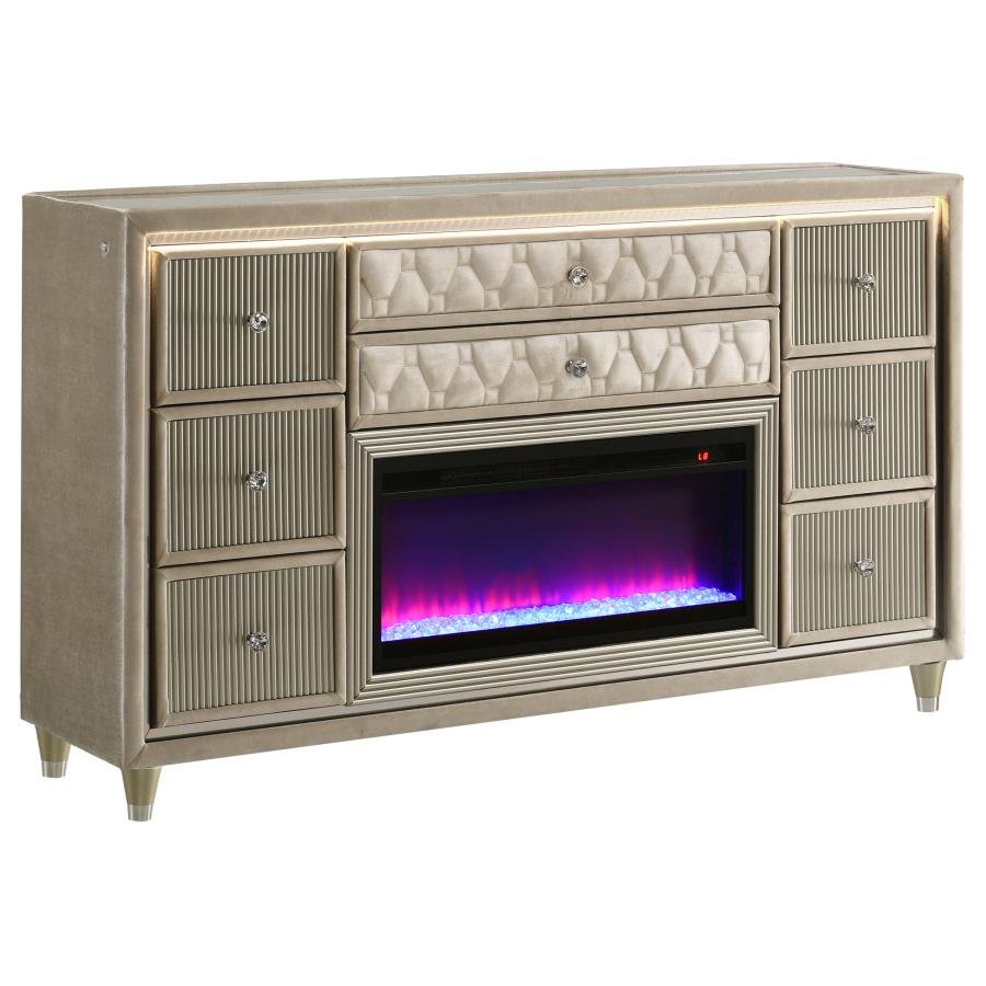 222663FB_02x900.jpg LORIENT 8-DRAWER LED BEDROOM FLAME BOX DRESSER IVORY CAMEL - Image 1