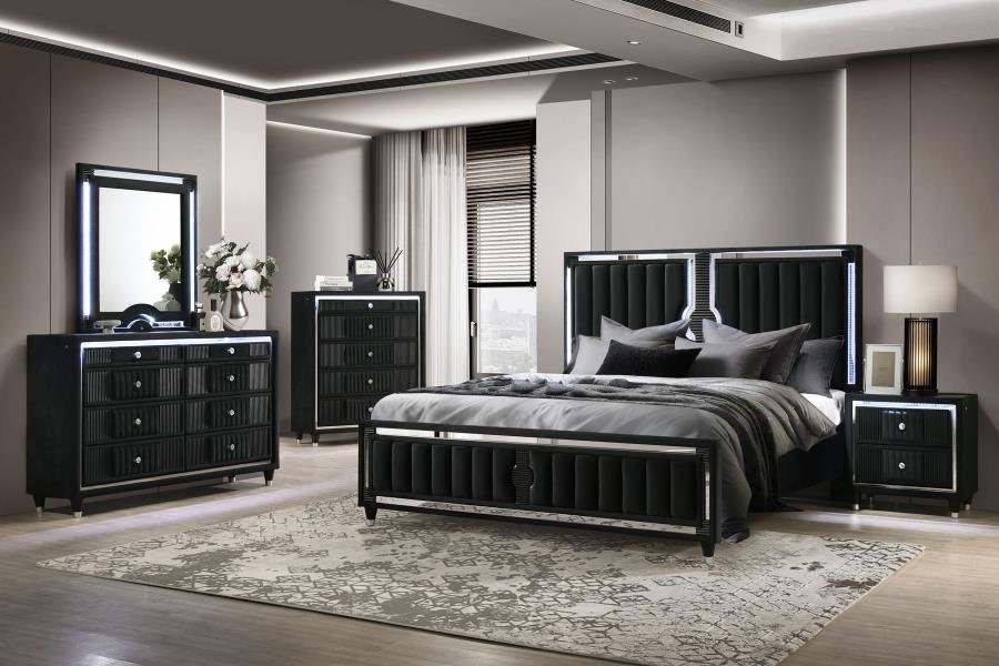 223191Q-S5_01x900.jpg RAVENNE 5-PIECE VELVET UPHOLSTERED QUEEN LED BEDROOM SET BLACK - Image 1