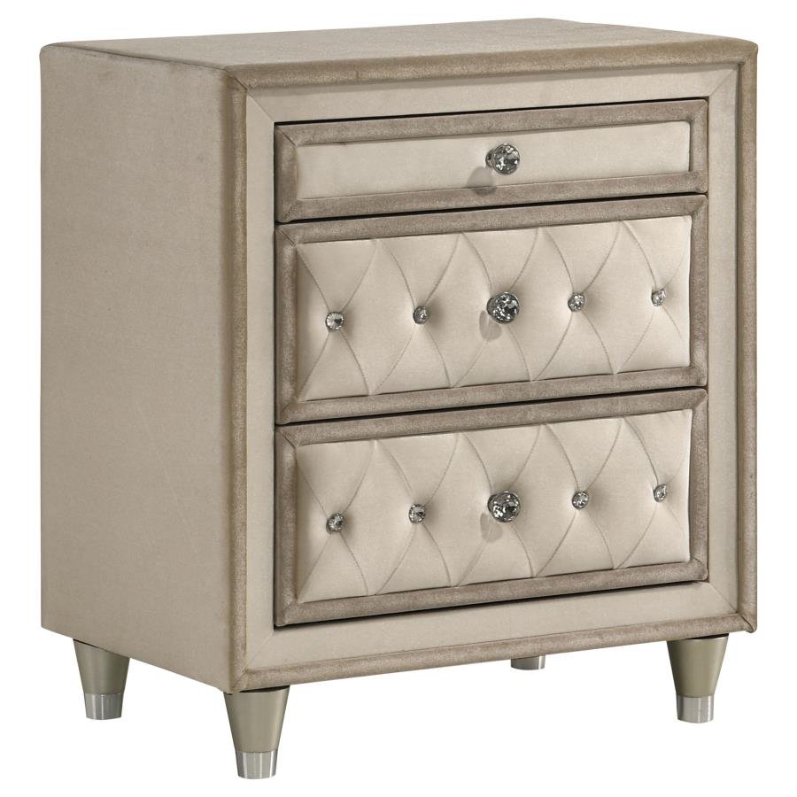 223522_02x900.jpg ANTONELLA UPHOLSTERED 3-DRAWER NIGHTSTAND IVORY AND CAMEL - Image 1