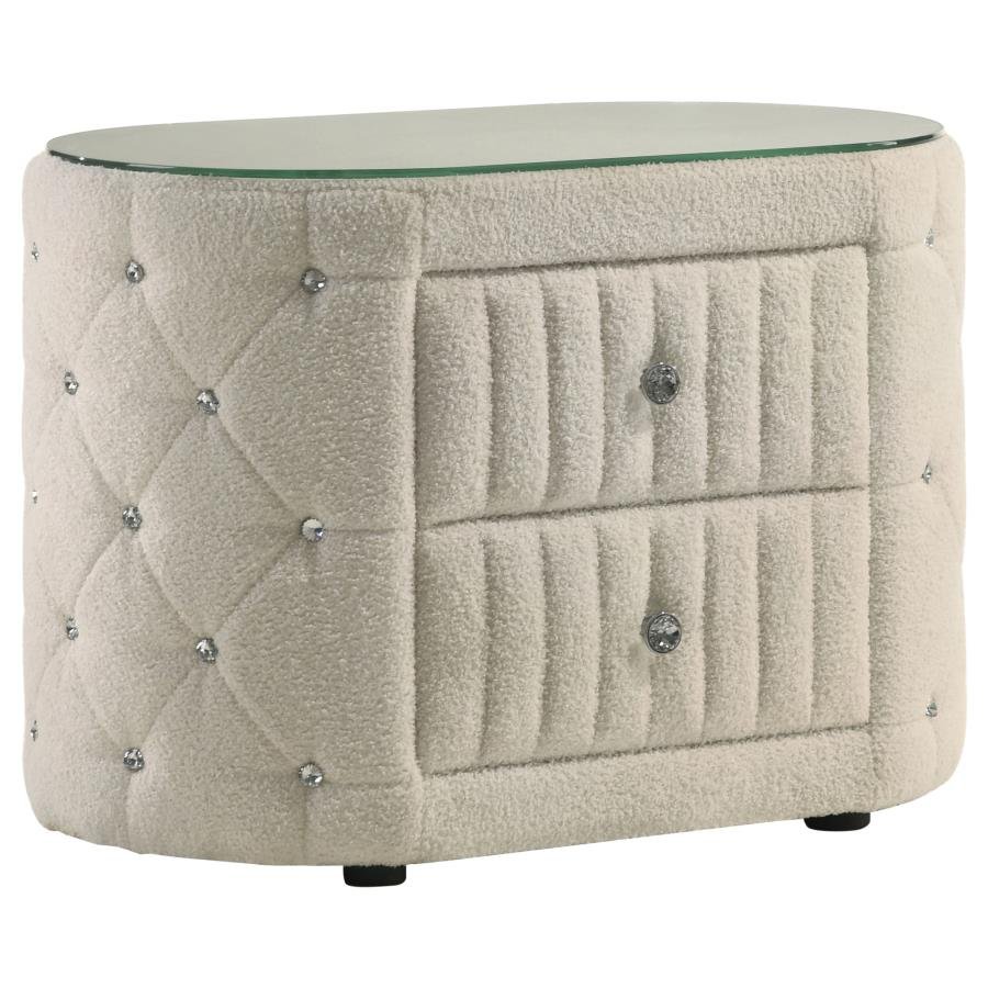 360112_02x900.jpg SONYA 2-DRAWER UPHOLSTERED NIGHTSTAND BEDSIDE TABLE IVORY - Image 1