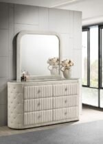 SONYA 6-DRAWER UPHOLSTERED BEDROOM DRESSER WITH MIRROR IVORY - Image 2