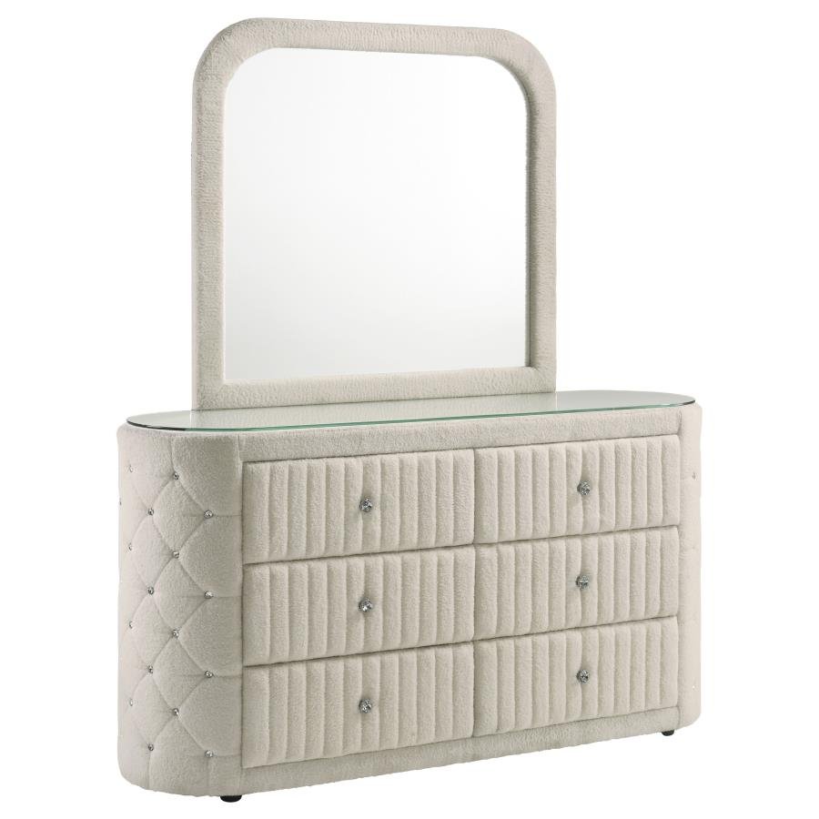 360113M_02x900.jpg SONYA 6-DRAWER UPHOLSTERED BEDROOM DRESSER WITH MIRROR IVORY - Image 1