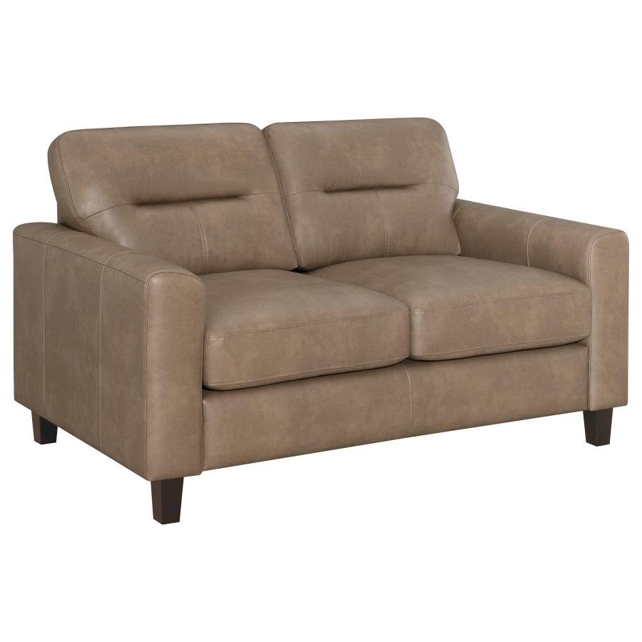 504668_02x900.jpg SCOTLAND FAUX LEATHER UPHOLSTERED TRACK ARM LOVESEAT BROWN - Image 1