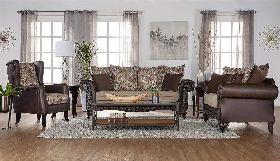 508571-S3_01x900.jpg ELMBROOK 3-PIECE UPHOLSTERED ROLLED ARM SOFA SET BROWN - Image 1