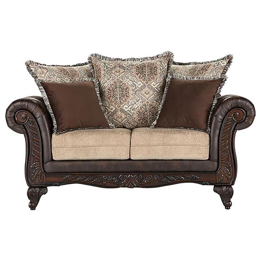 508572_01x900.jpg ELMBROOK UPHOLSTERED ROLLED ARM LOVESEAT BROWN - Image 1