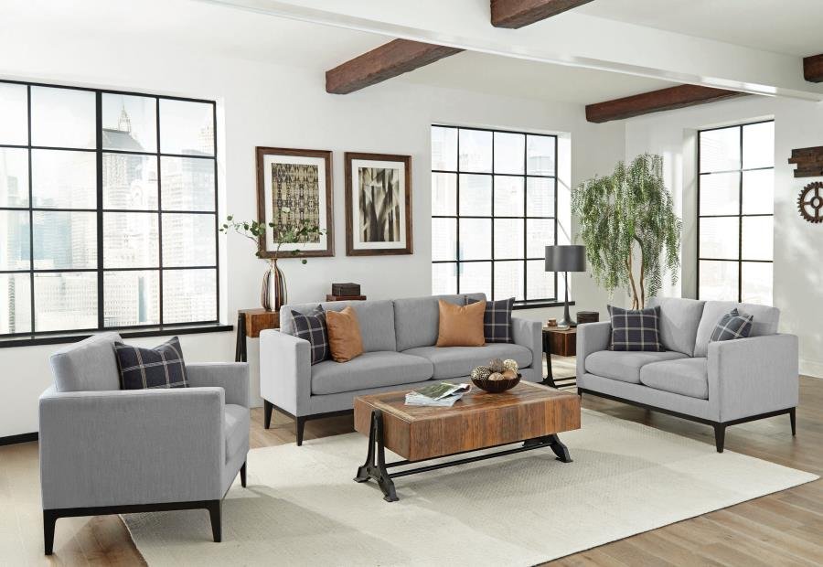 508681-S3_01x900.jpg APPERSON 3-PIECE UPHOLSTERED TRACK ARM SOFA SET LIGHT GREY - Image 1
