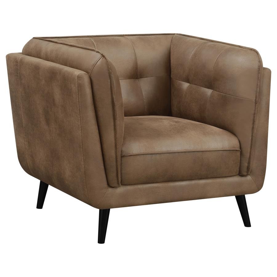 509423_02x900.jpg THATCHER UPHOLSTERED TUXEDO ARM TUFTED ACCENT CHAIR BROWN - Image 1