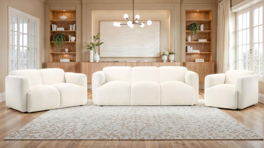 509811-S3_01x900.jpg DORSET 3-PIECE UPHOLSTERED ROUND TRACK ARM SOFA SET WHITE - Image 1