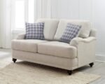 GLENN UPHOLSTERED ENGLISH ARM LOVESEAT LIGHT GREY AND BLUE - Image 2