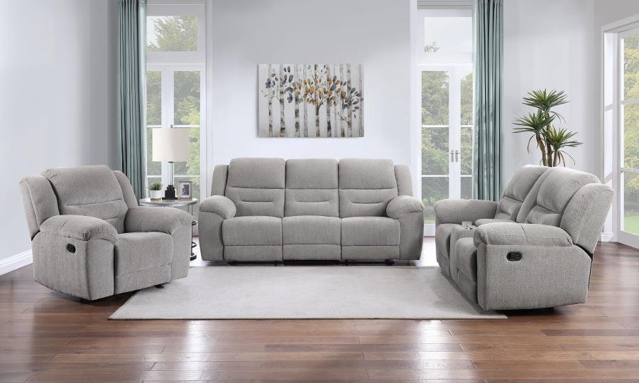 602551-S3_01x900.jpg GILSON 3-PIECE CHENILLE UPHOLSTERED RECLINING SOFA SET GREY - Image 1