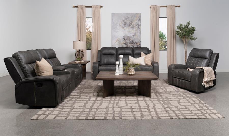 603191-S3_01x900.jpg RAELYNN 3-PIECE UPHOLSTERED RECLINING SOFA SET GREY - Image 1