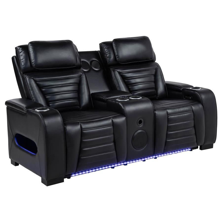 603252PP_03x900.jpg ZUMA FAUX LEATHER DUAL POWER RECLINING LED LOVESEAT BLACK - Image 1