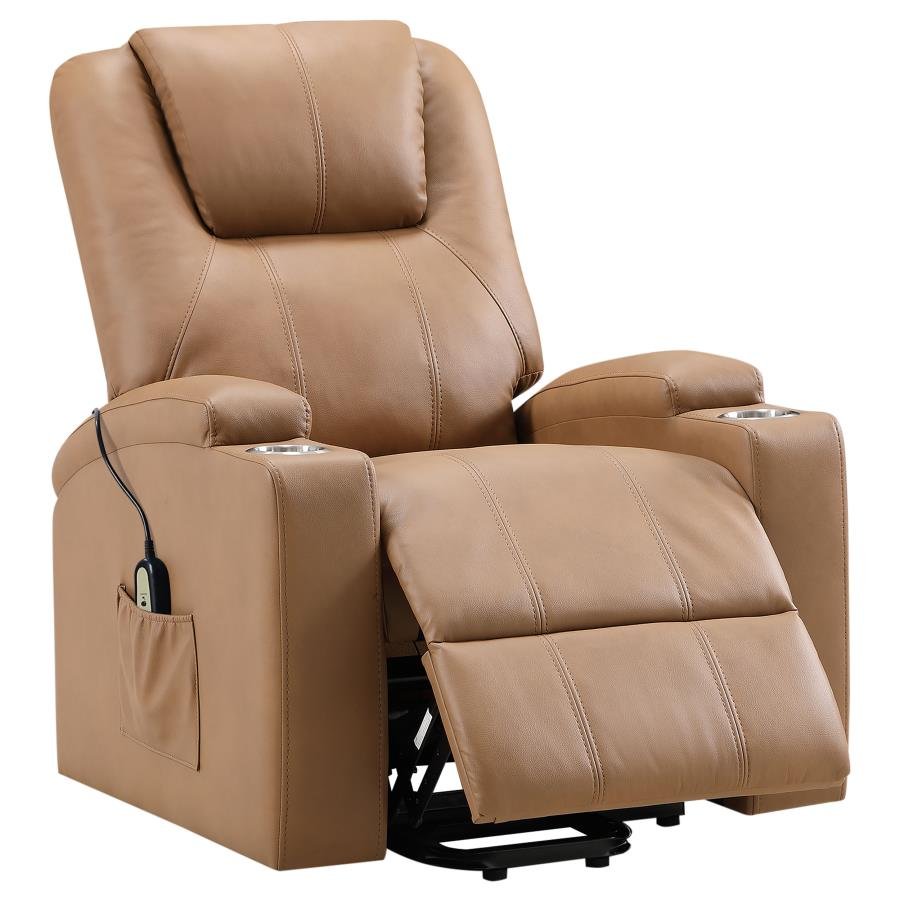 609476P_05x900.jpg ARMSTRONG UPHOLSTERED POWER LIFT MASSAGE RECLINER CAMEL - Image 1