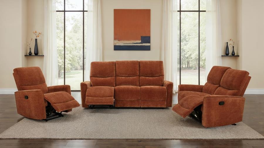 609574-S3_02x900.jpg NAVARRO 3-PIECE UPHOLSTERED RECLINING SOFA SET ORANGE - Image 1