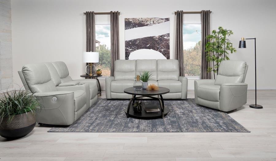 610261P-S3_01x900.jpg GREENFIELD 3-PIECE POWER RECLINING SOFA SET DOVE GREY - Image 1