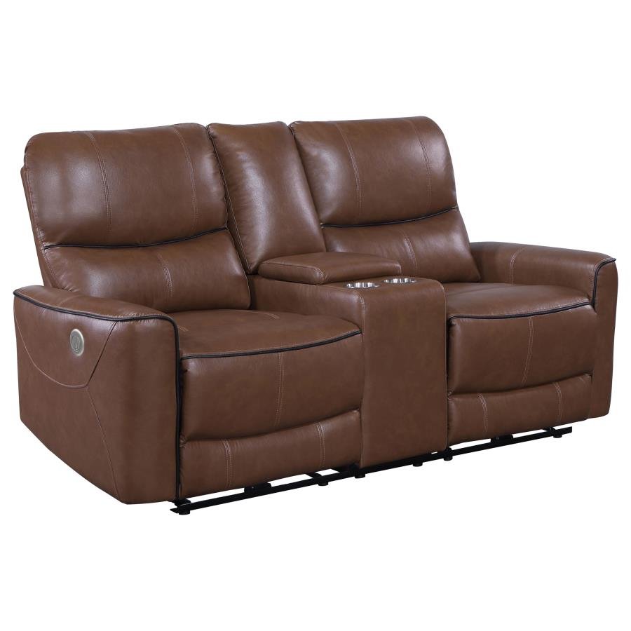 610265P_02x900.jpg GREENFIELD UPHOLSTERED POWER RECLINING LOVESEAT SADDLE BROWN - Image 1