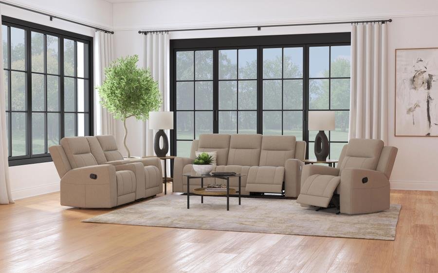 610281-S3_01x900.jpg BRENTWOOD 3-PIECE UPHOLSTERED RECLINING SOFA SET TAUPE - Image 1