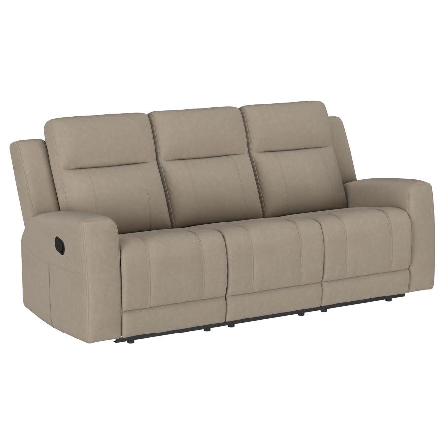 610281_02x900.jpg BRENTWOOD UPHOLSTERED MOTION RECLINING SOFA TAUPE - Image 1