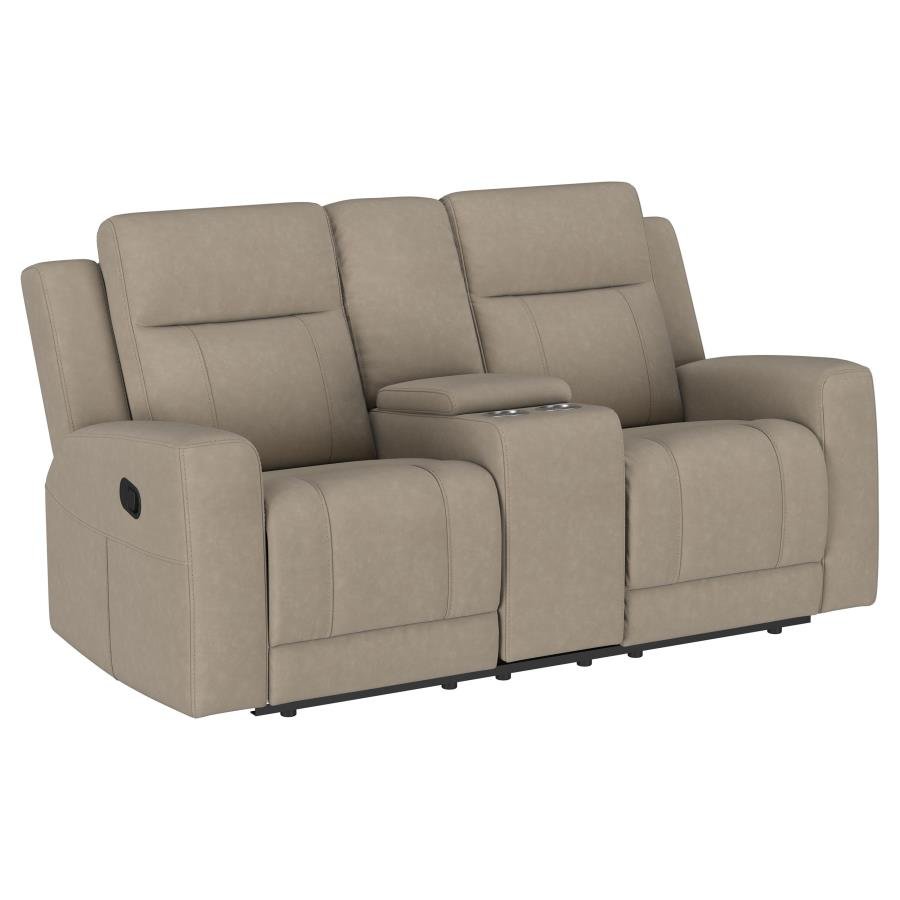 610282_02x900.jpg BRENTWOOD UPHOLSTERED MOTION RECLINING LOVESEAT TAUPE - Image 1