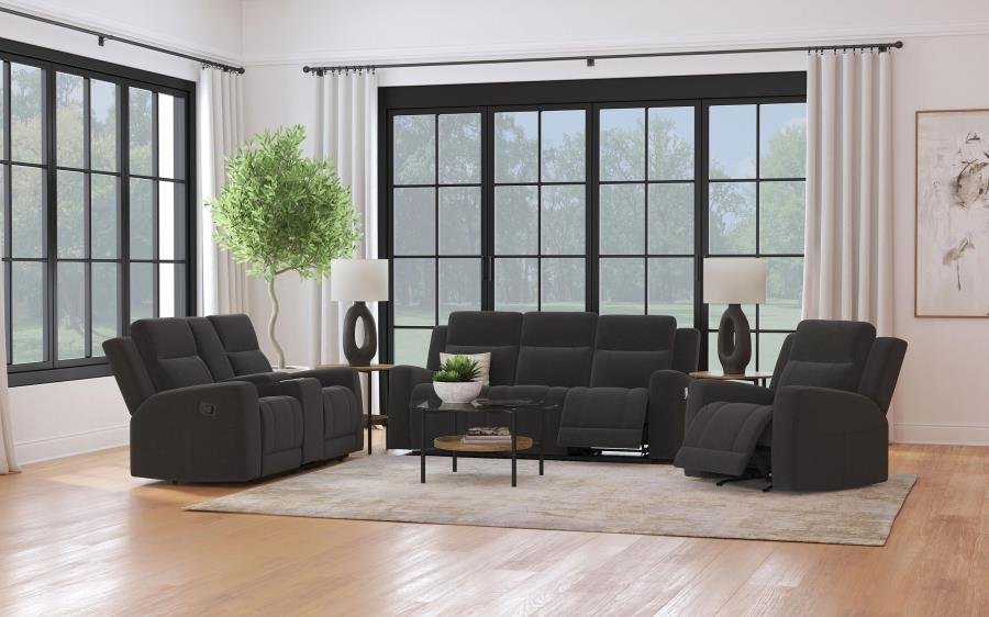 610284-S3_01x900.jpg BRENTWOOD 3-PIECE UPHOLSTERED RECLINING SOFA SET CHARCOAL - Image 1