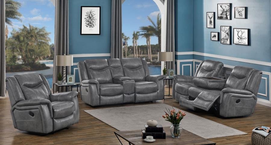 650354-S3_01x900.jpg CONRAD 3-PIECE UPHOLSTERED PADDED ARM MOTION SOFA SET GREY - Image 1