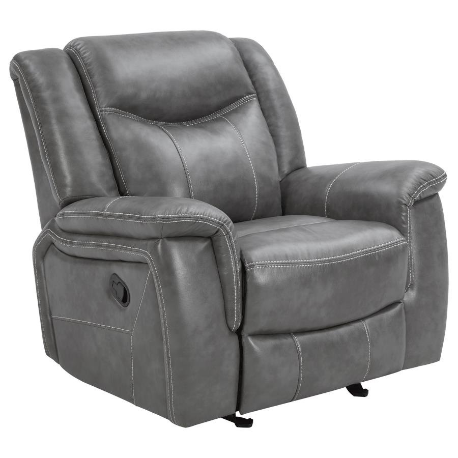 650356_03x900.jpg CONRAD UPHOLSTERED PADDED ARM GLIDER RECLINER GREY - Image 1
