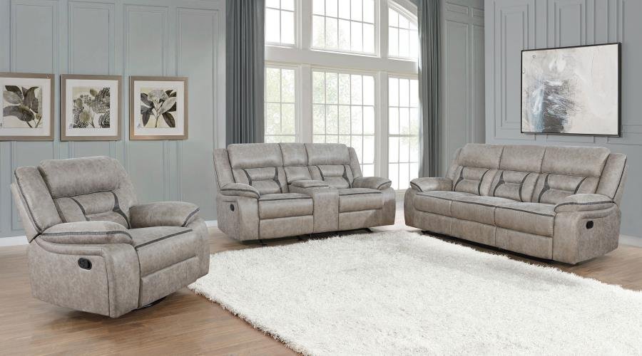 651351-S3_01x900.jpg GREER 3-PIECE UPHOLSTERED RECLINING SOFA SET TAUPE - Image 1