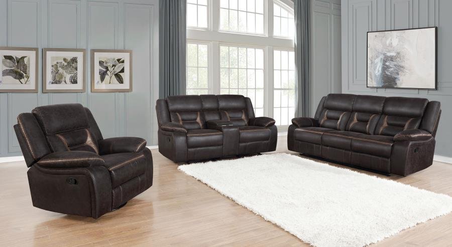 651354-S3_01x900.jpg GREER 3-PIECE UPHOLSTERED RECLINING SOFA SET BROWN - Image 1
