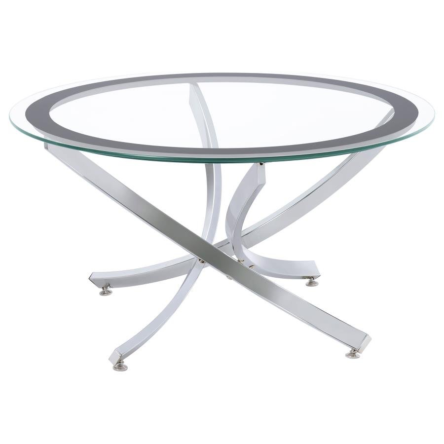 702588_02x900.jpg BROOKE ROUND GLASS TOP COFFEE TABLE METAL BASE CHROME - Image 1