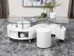 BUCKLEY 3-PIECE COFFEE TABLE AND STOOLS SET WHITE HIGH GLOSS - Image 2